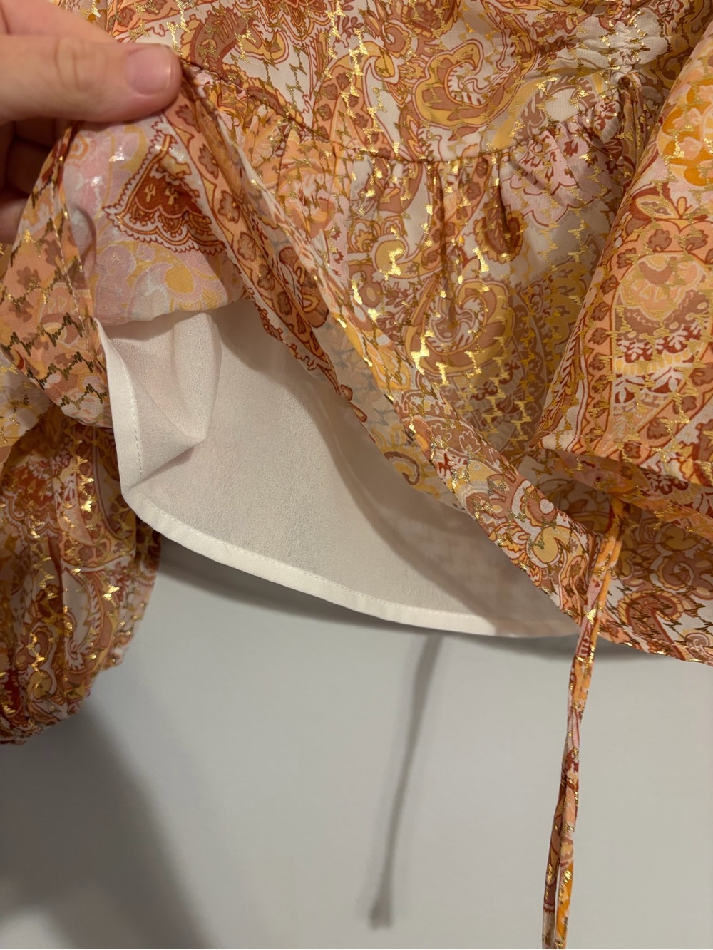 Arula Metallic Paisley Peplum Blouse XL Boho Balloon Sleeve Gold Shimmer - Picture 7 of 9